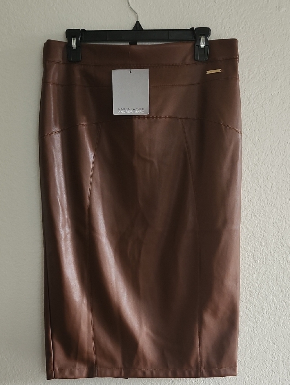 Andrew Marc Chestnut Brown Faux Leather Pencil Skirt Sz  M